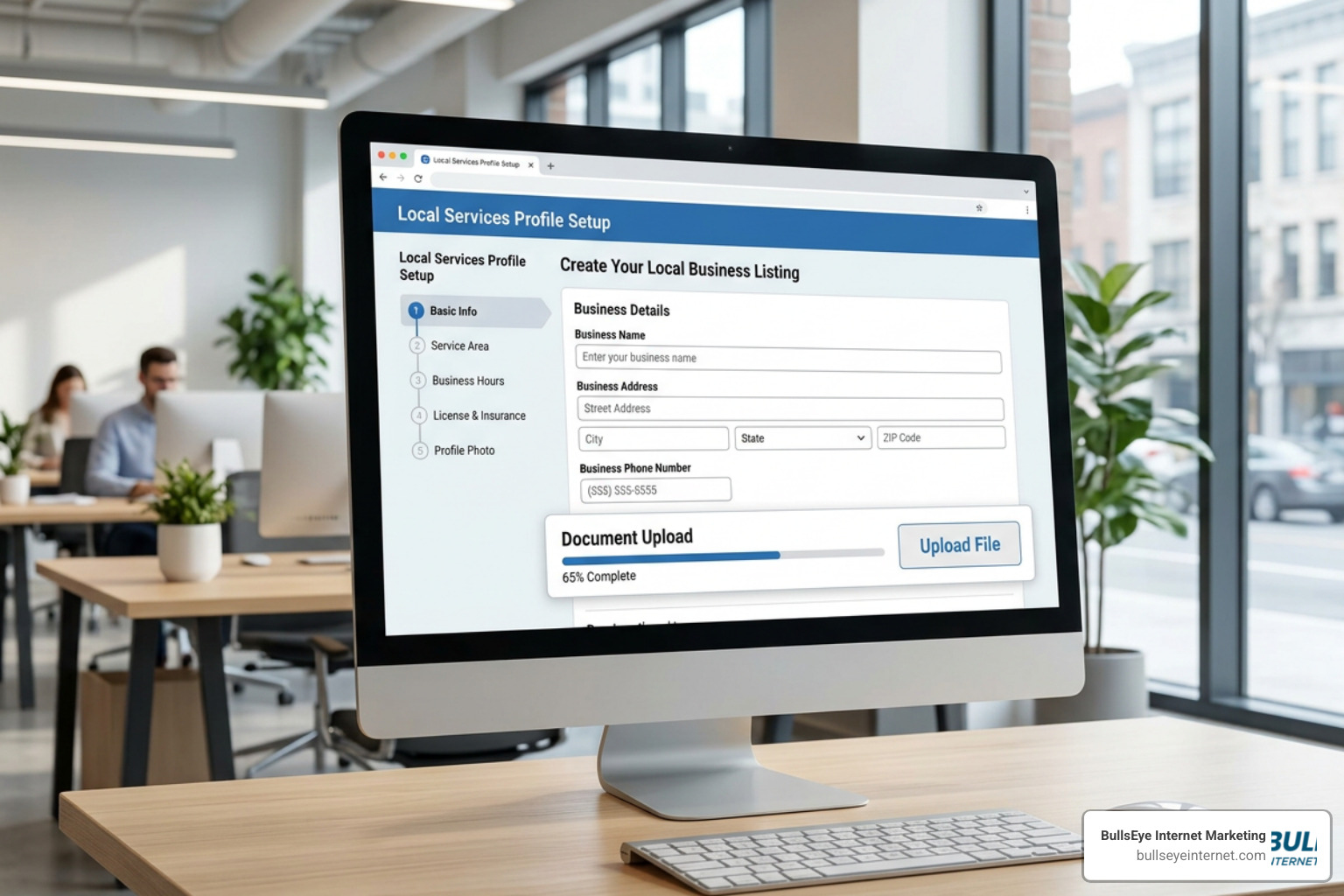 LSA dashboard setup wizard showing business detail fields and document upload progress Computer screen displaying Google Local Services Profile setup form with business details and document upload.