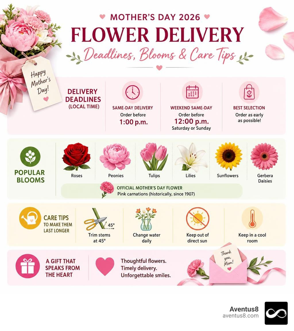 Quick-reference infographic: Mother's Day flower delivery deadlines, popular blooms, and care tips infographic