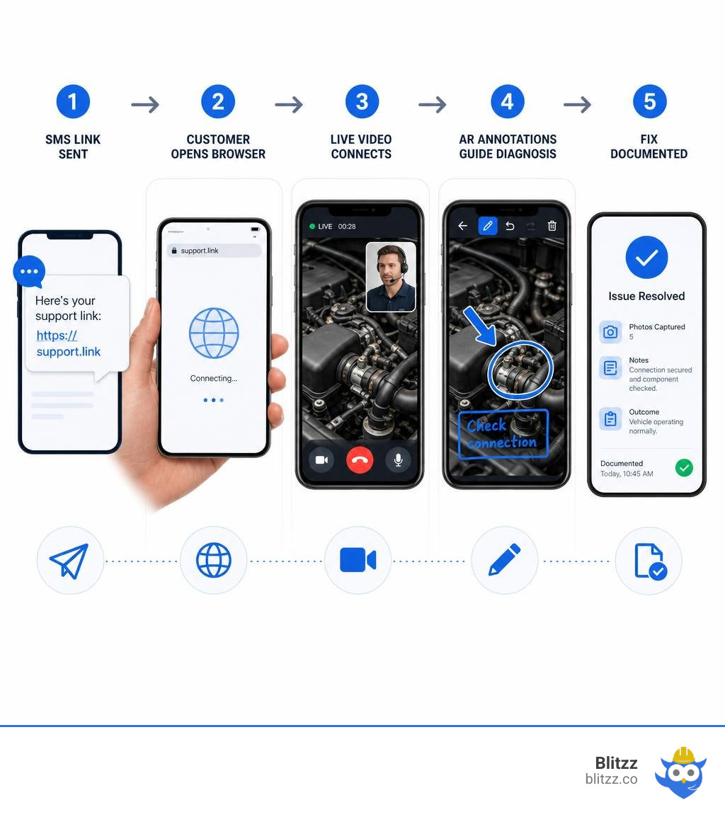 Remote visual support workflow: SMS link sent to customer opens browser to live video connects to AR annotations guide