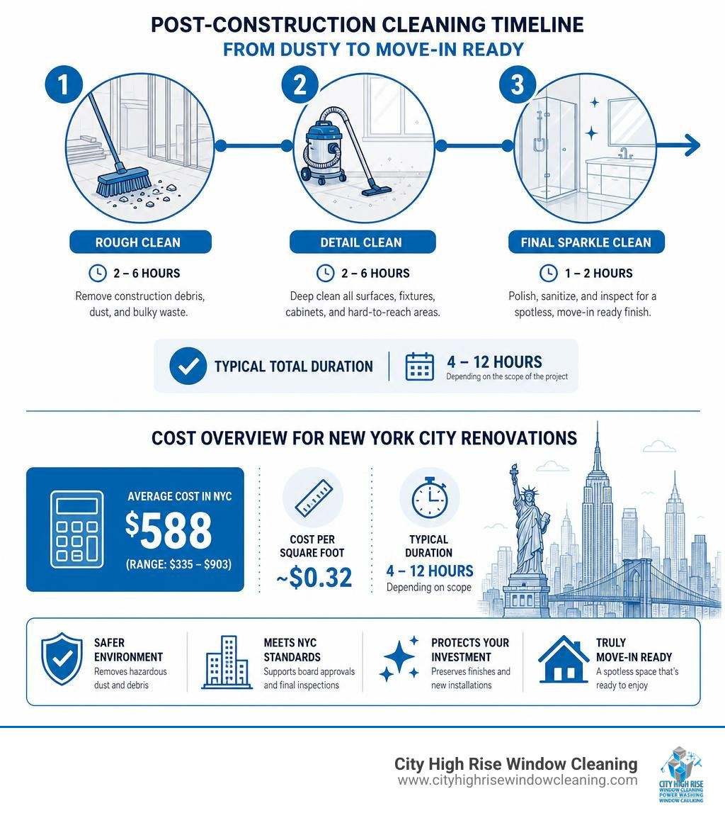 Post-construction cleaning timeline and cost overview for New York City renovations infographic Post-construction cleaning timeline and cost overview for New York City renovations infographic