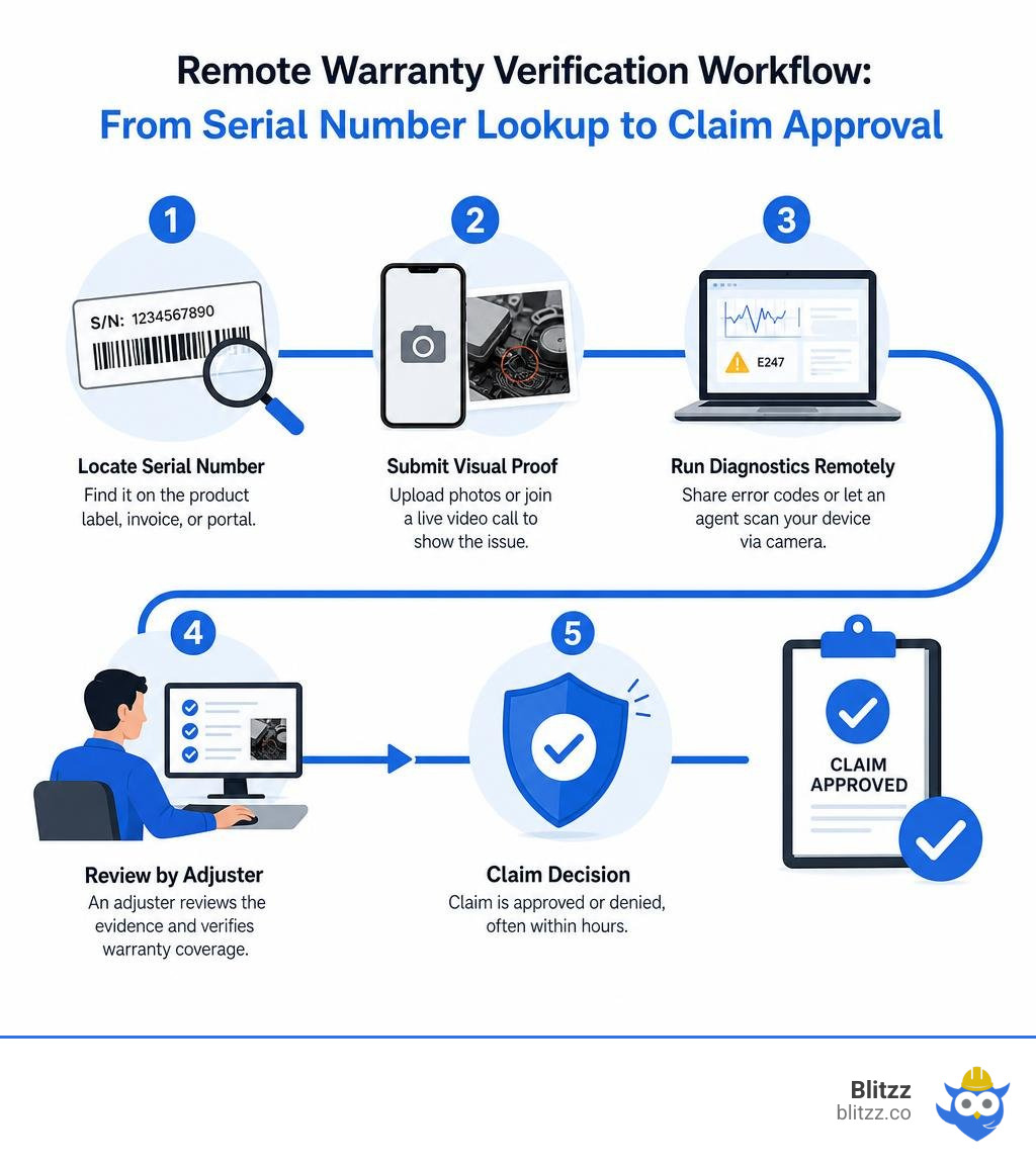 Remote warranty verification workflow: from serial number lookup to claim approval infographic Remote warranty verification workflow: from serial number lookup to claim approval infographic