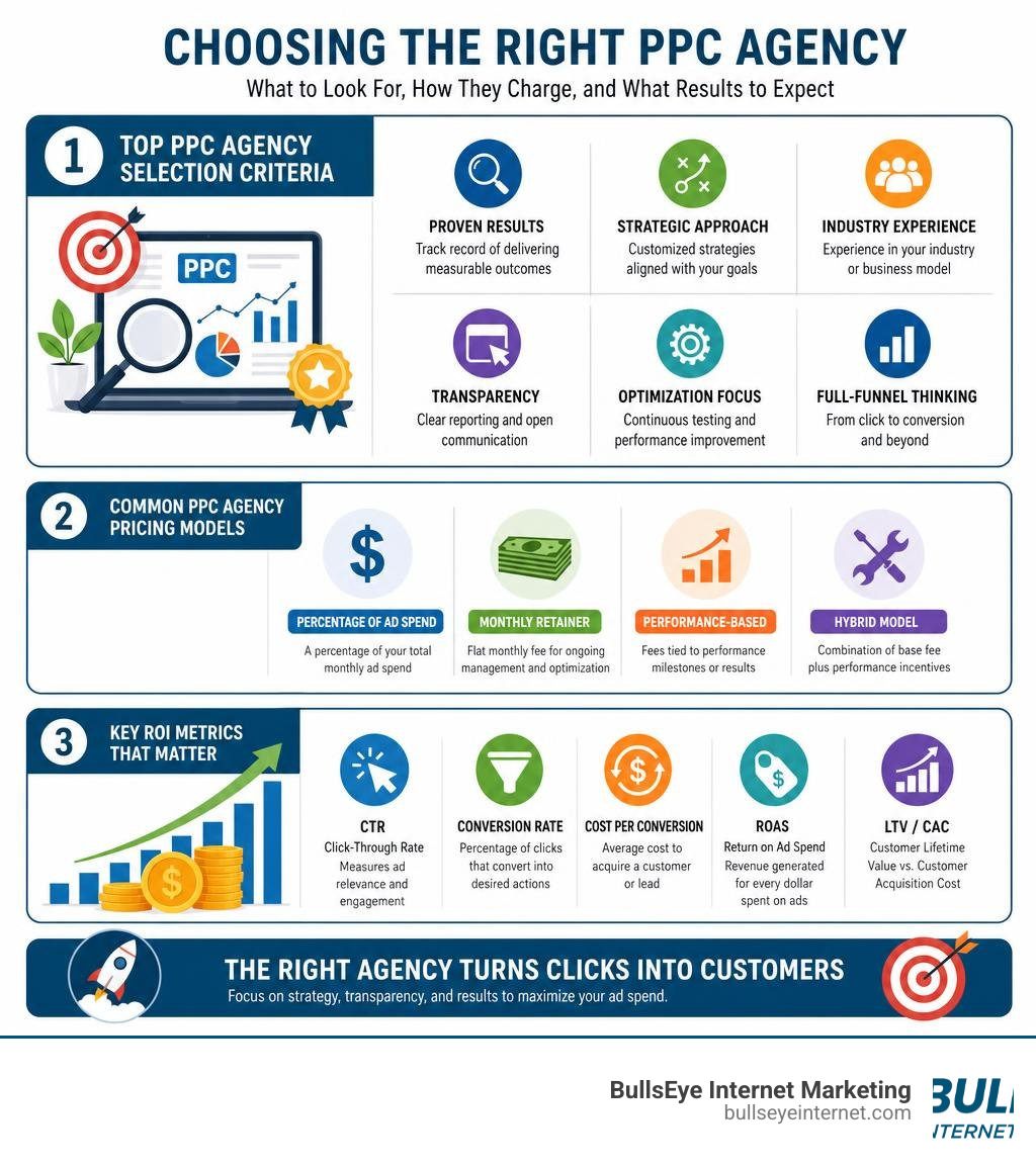Infographic showing top PPC agency selection criteria, pricing models, and key ROI metrics infographic Infographic showing top PPC agency selection criteria, pricing models, and key ROI metrics infographic