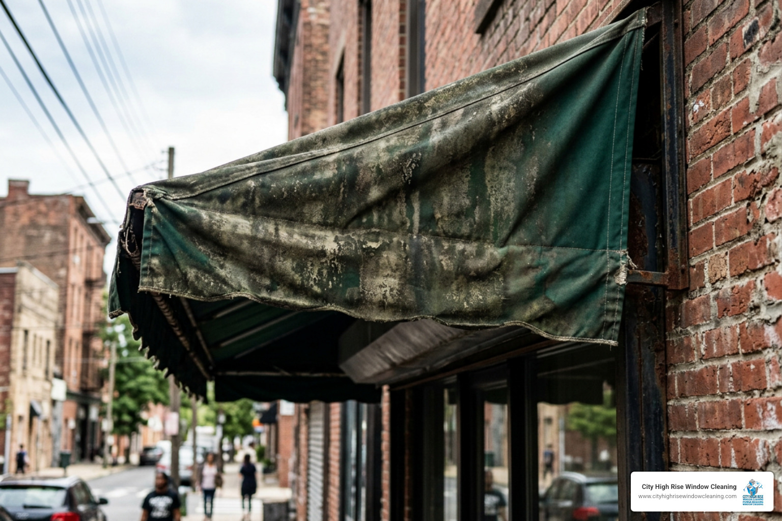 Neglected commercial awning fabric requiring post-installation maintenance Neglected commercial awning fabric requiring post-installation maintenance