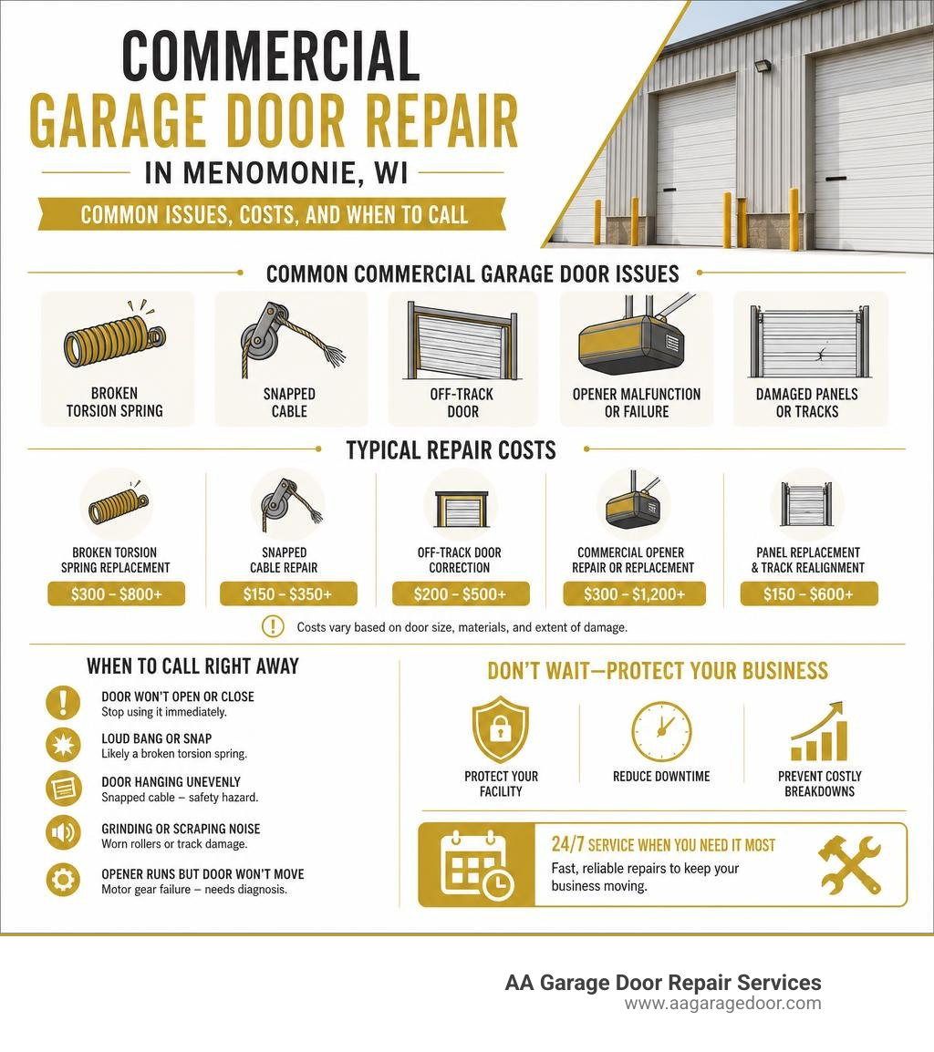 Infographic: Commercial Garage Door Repair in Menomonie WI — common issues, costs, and when to call infographic