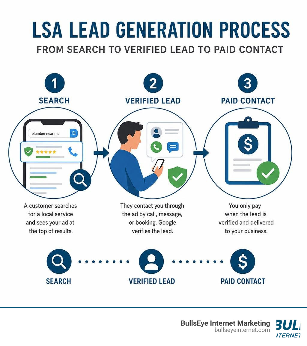LSA lead generation process from search to verified lead to paid contact infographic Google Local Services Ads process: search, verified lead, and paid contact for local service businesses.