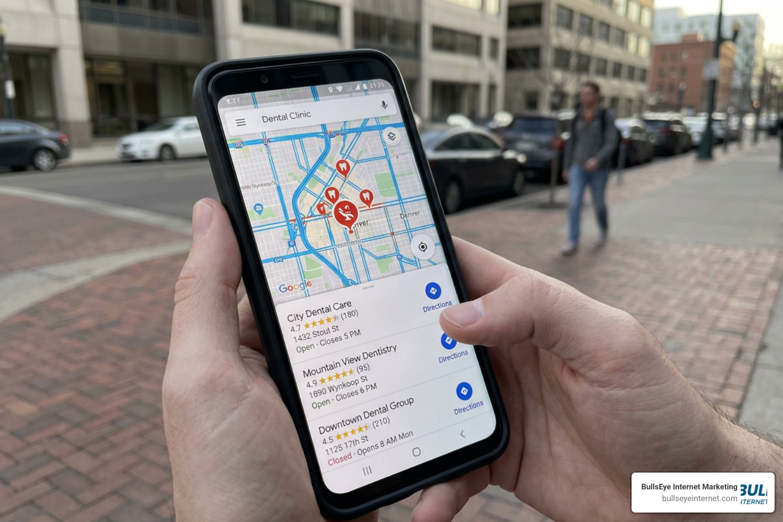 Google Map Pack results showing the top three dental listings for local searches