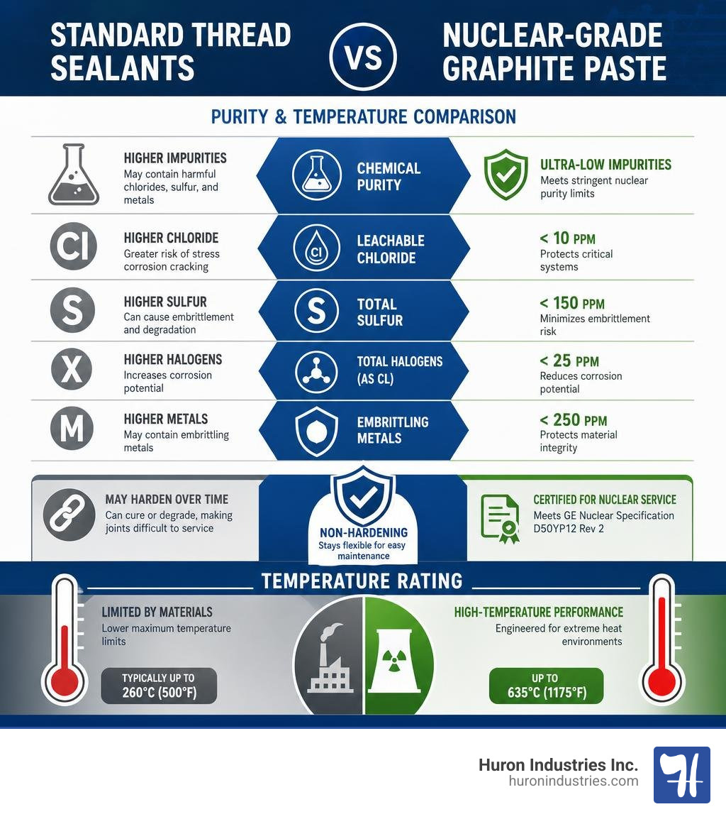 Comparison infographic: standard thread sealants vs nuclear-grade graphite paste purity and temp ratings infographic Comparison infographic: standard thread sealants vs nuclear-grade graphite paste purity and temp ratings infographic