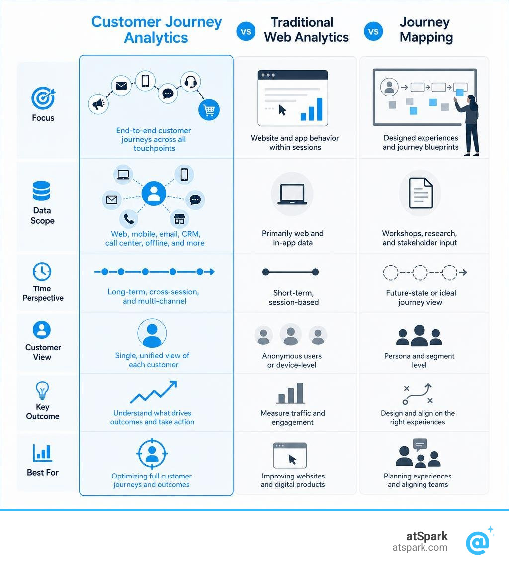 Customer journey analytics vs traditional web analytics vs journey mapping comparison infographic infographic Customer journey analytics vs traditional web analytics vs journey mapping comparison infographic infographic