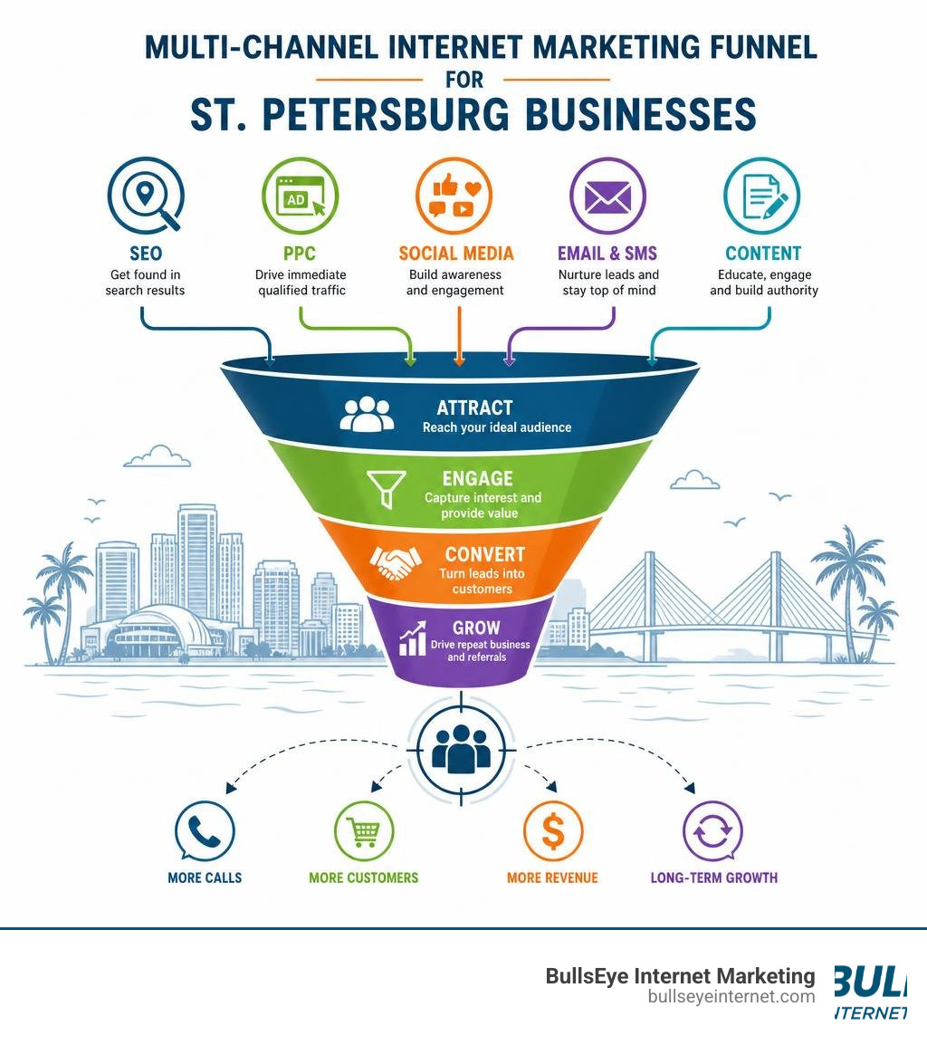 Multi-channel internet marketing funnel for St. Petersburg businesses showing SEO, PPC, social, email, and conversion stages