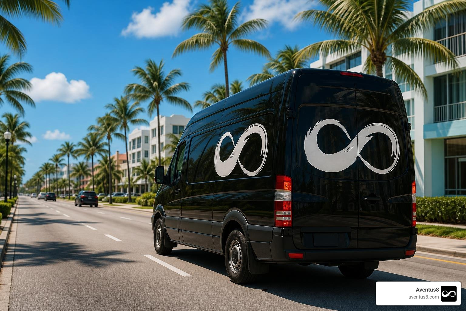 Delivery vehicle driving through Hollywood FL palm-lined streets