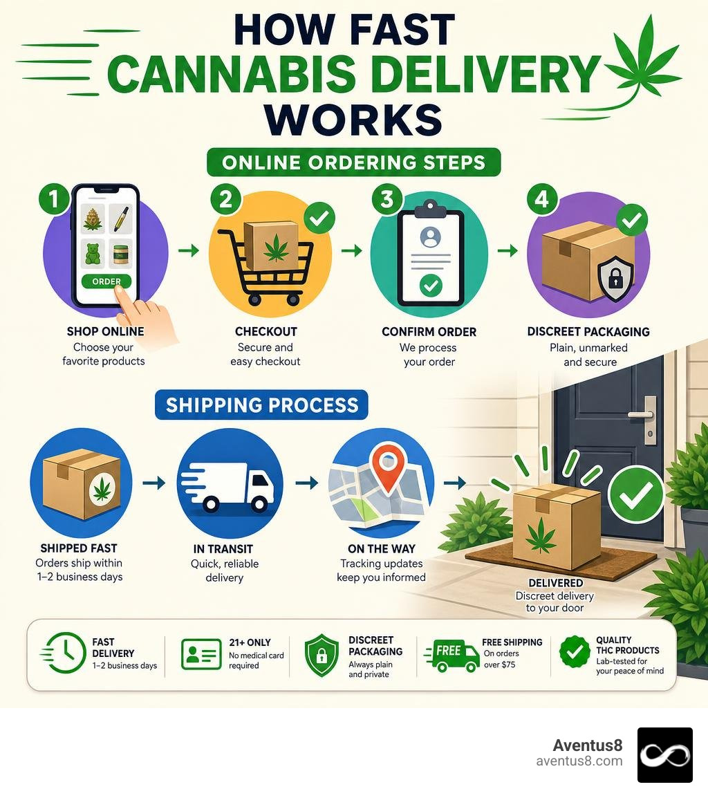 How fast cannabis delivery works: online ordering steps and shipping process infographic infographic