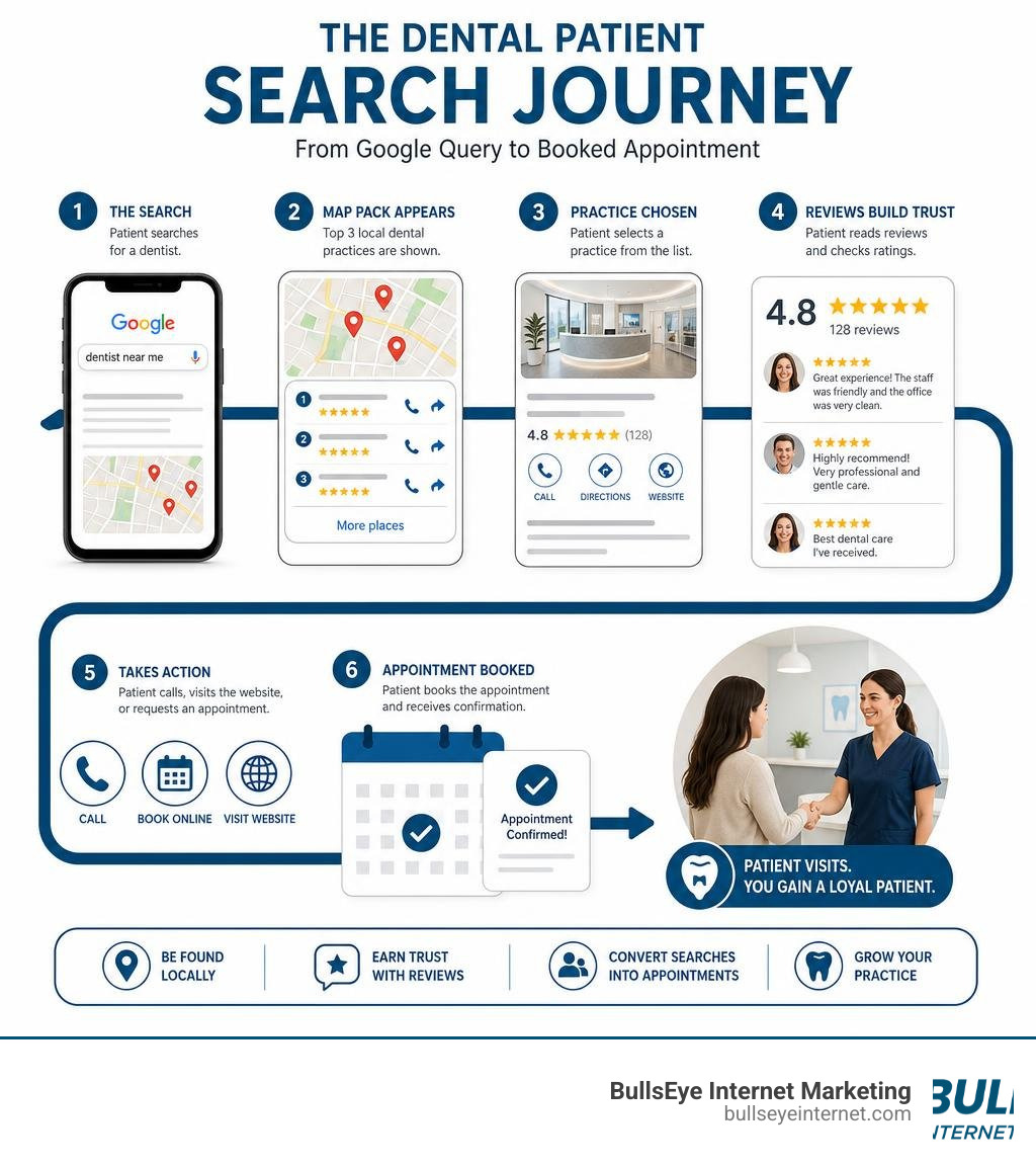 The dental patient search journey from Google query to booked appointment, showing Map Pack and reviews infographic