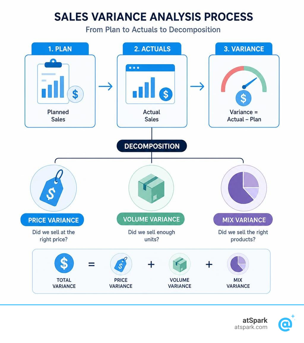 Sales variance analysis process: from plan to actuals to decomposition into price, volume, and mix infographic