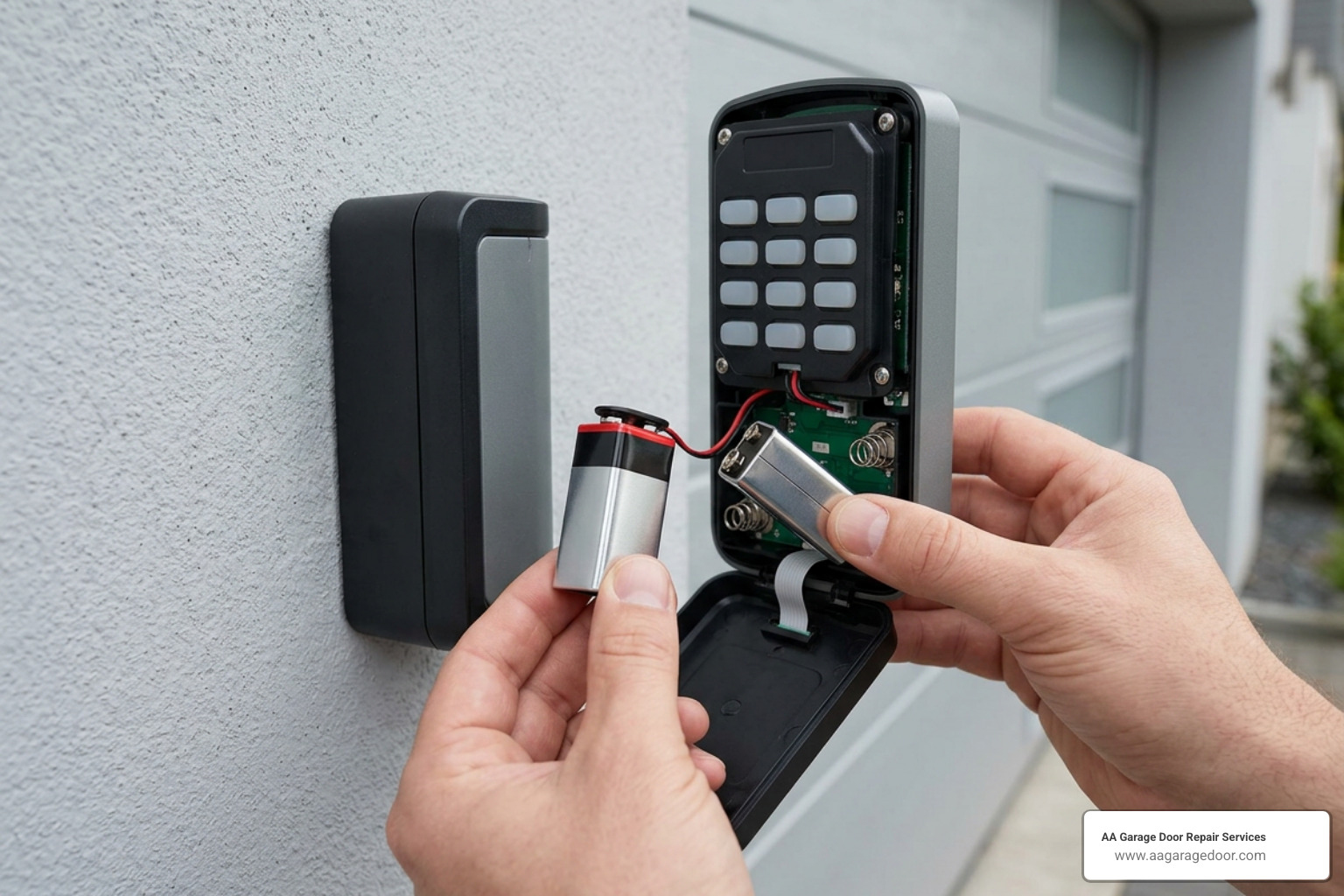Replacing a 9V battery in a wireless outdoor garage door keypad Replacing a 9V battery in a wireless outdoor garage door keypad