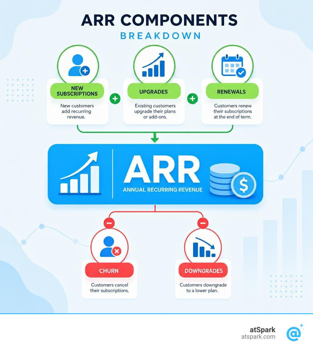 ARR components breakdown: new subscriptions, upgrades, renewals, minus churn and downgrades infographic