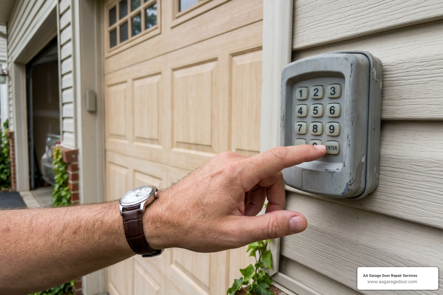 Professional technician servicing a garage door opener motor and keypad Professional technician servicing a garage door opener motor and keypad
