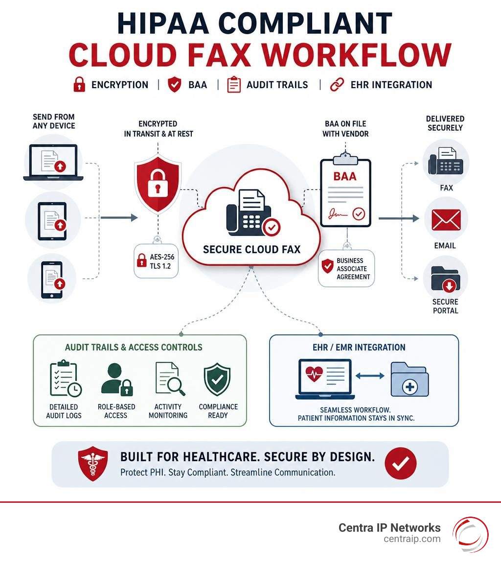 HIPAA compliant cloud fax workflow infographic showing encryption BAA audit trails and EHR integration infographic HIPAA compliant cloud fax workflow infographic showing encryption BAA audit trails and EHR integration infographic