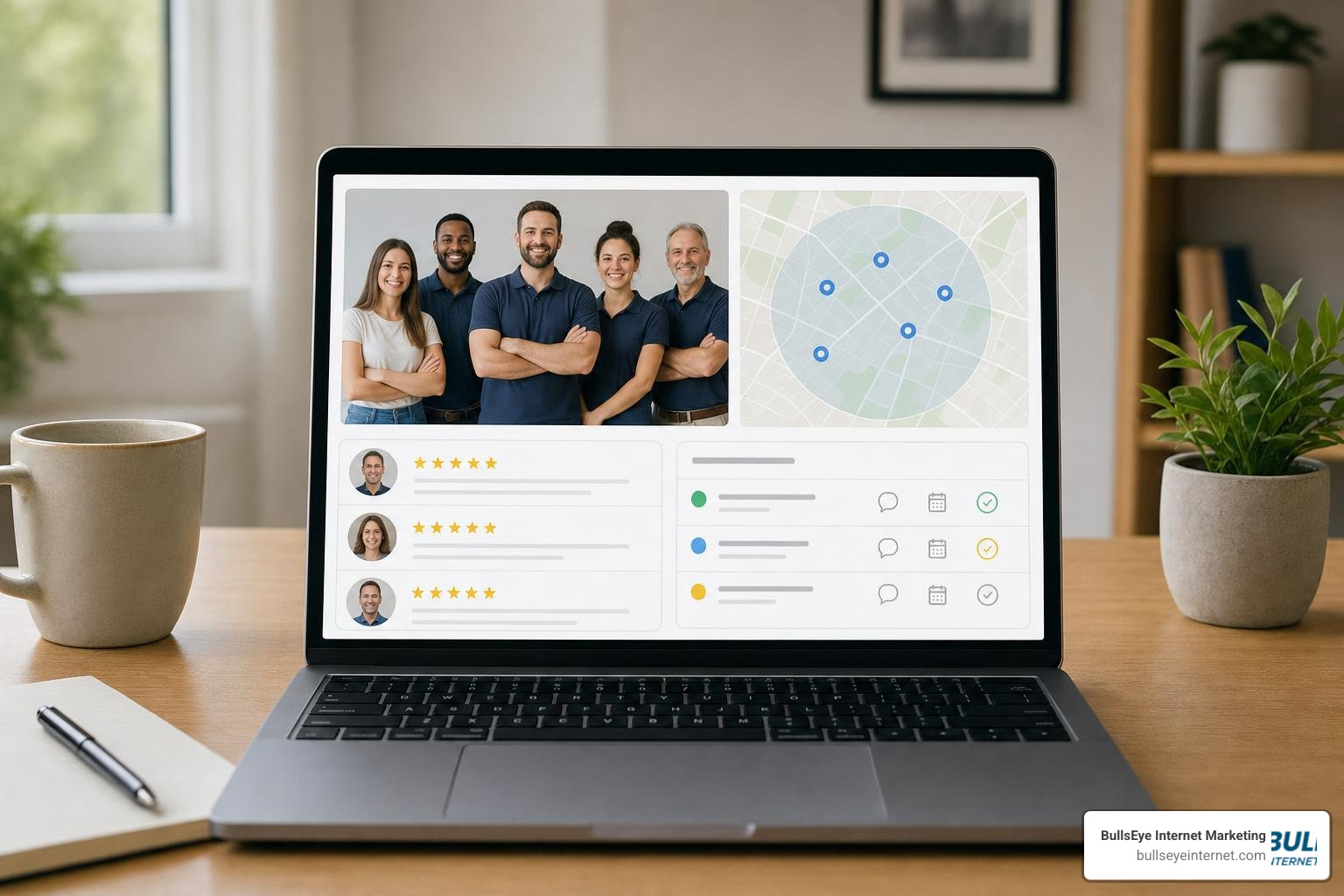An optimized LSA profile showing high-quality team photos, local reviews, and active lead management Laptop displaying Google Local Services Ads dashboard and BullsEye Internet Marketing team, illustrating LSA profile