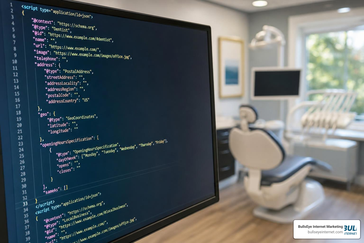 Structured data code showing Dentist and LocalBusiness schema markup implementation