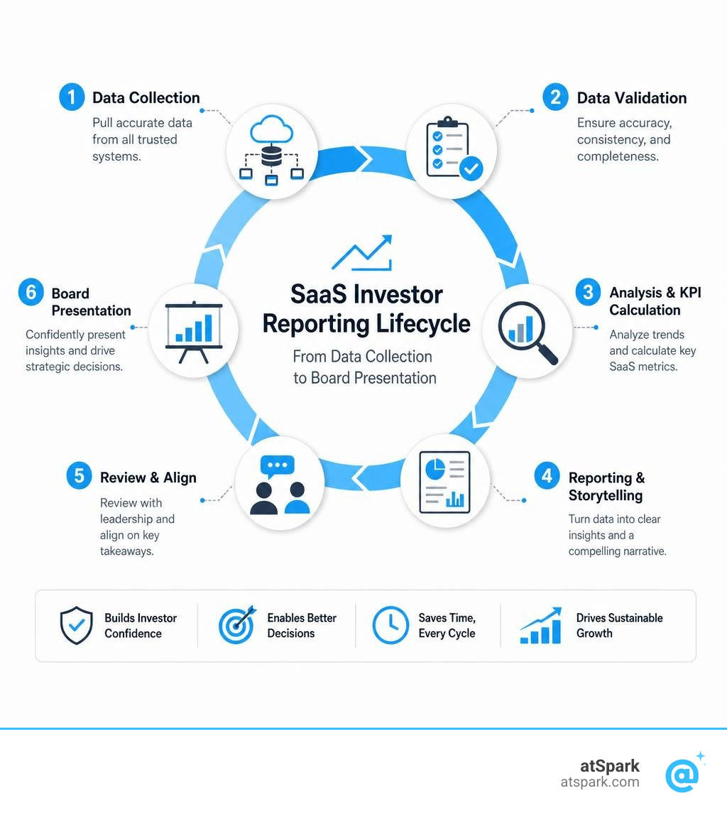 SaaS investor reporting lifecycle from data collection to board presentation infographic