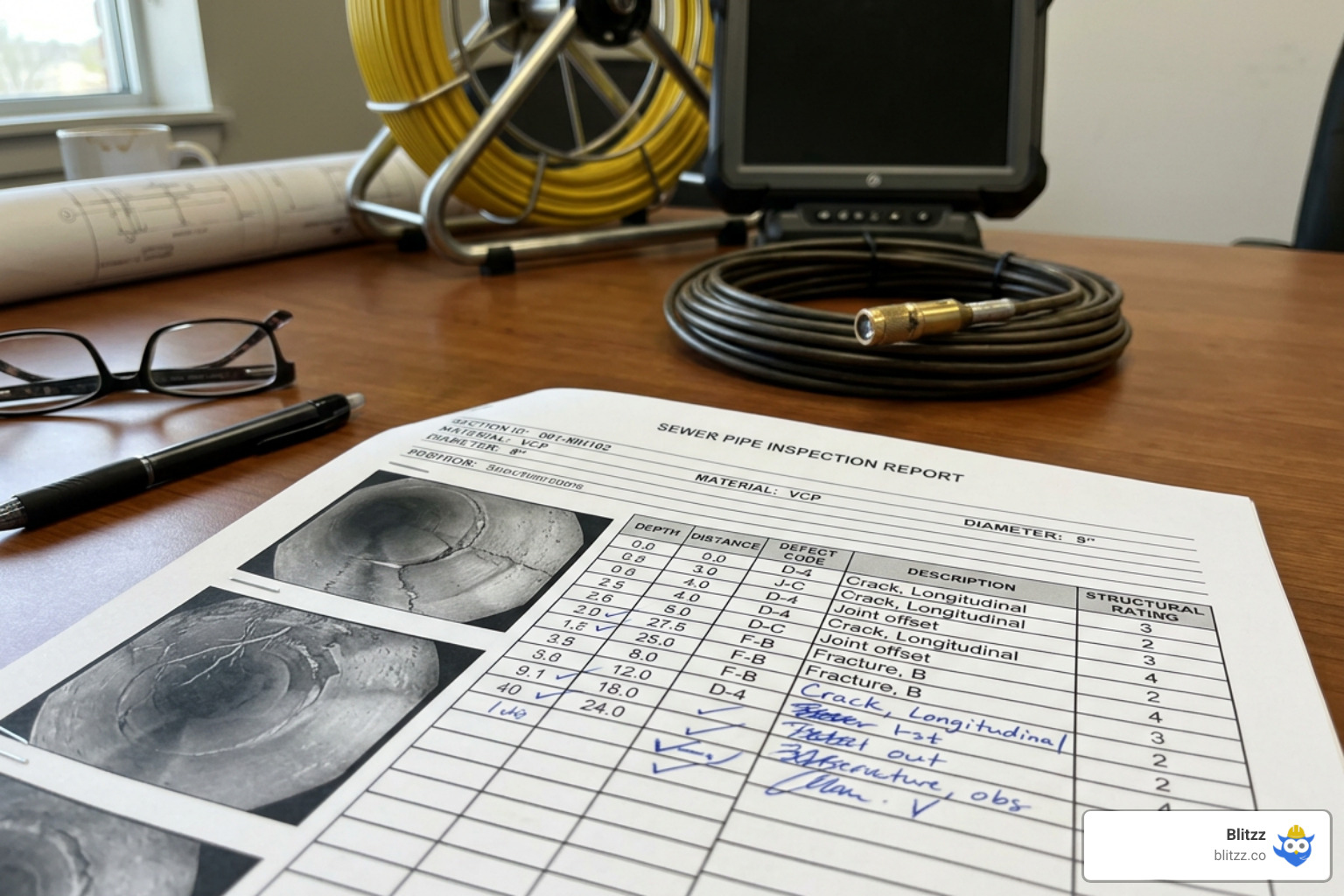 NASSCO-compliant pipe inspection report showing defect codes and structural ratings
