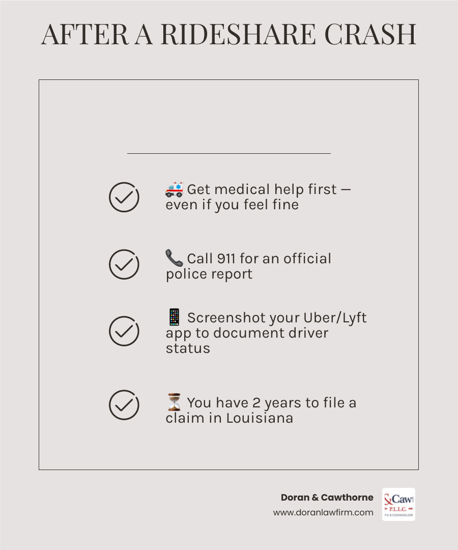 Infographic showing immediate steps to take after a rideshare crash in Opelousas infographic Infographic showing immediate steps to take after a rideshare crash in Opelousas infographic