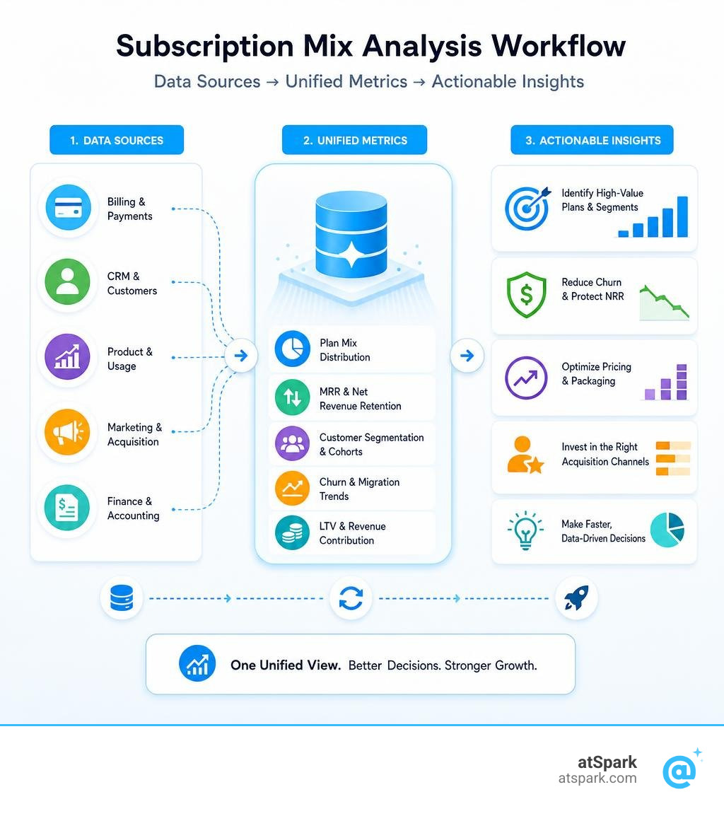 Subscription mix analysis workflow: data sources to unified metrics to actionable insights infographic