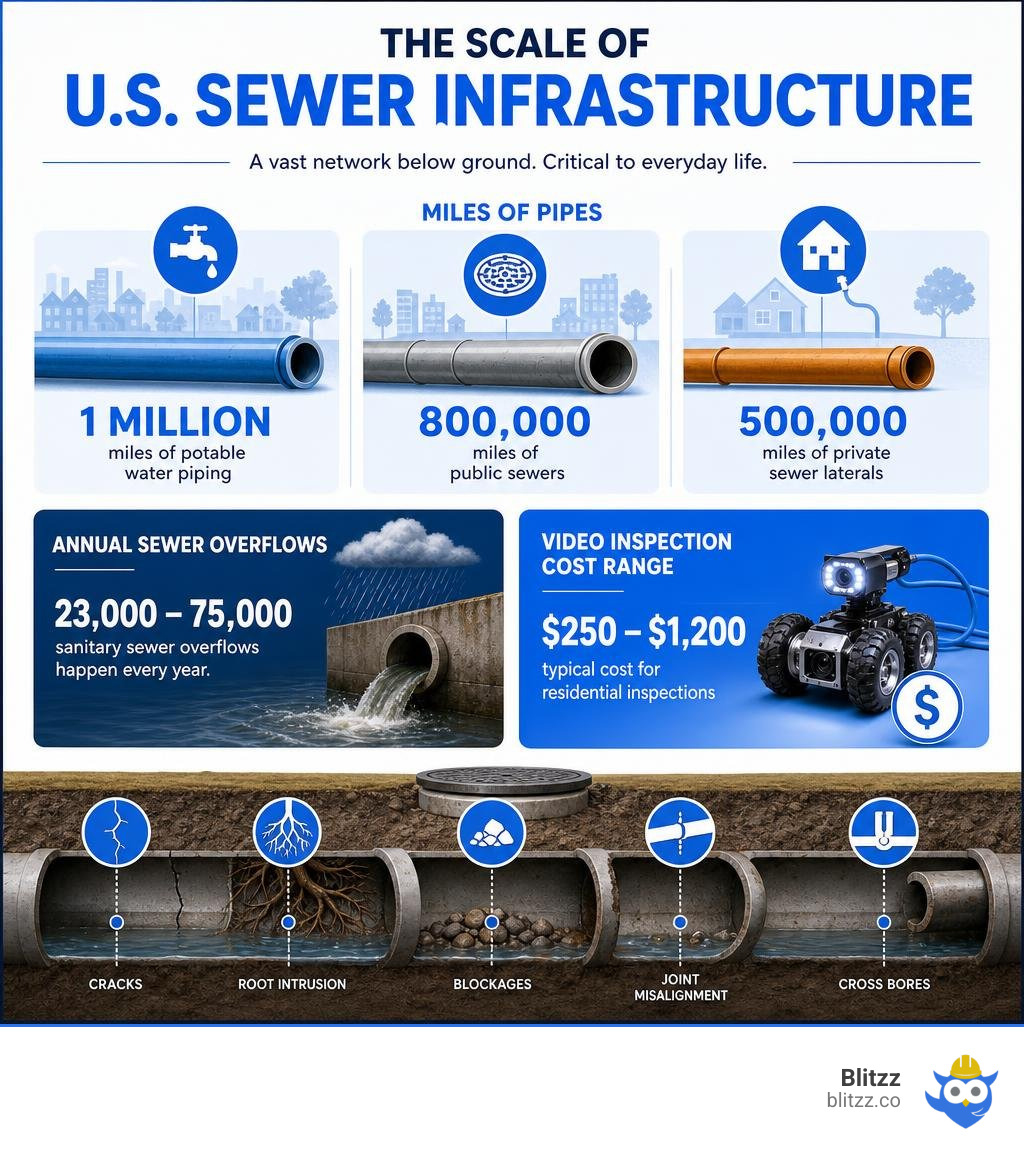 Scale of US sewer infrastructure, miles of pipes, annual sewer overflows, and inspection cost ranges infographic