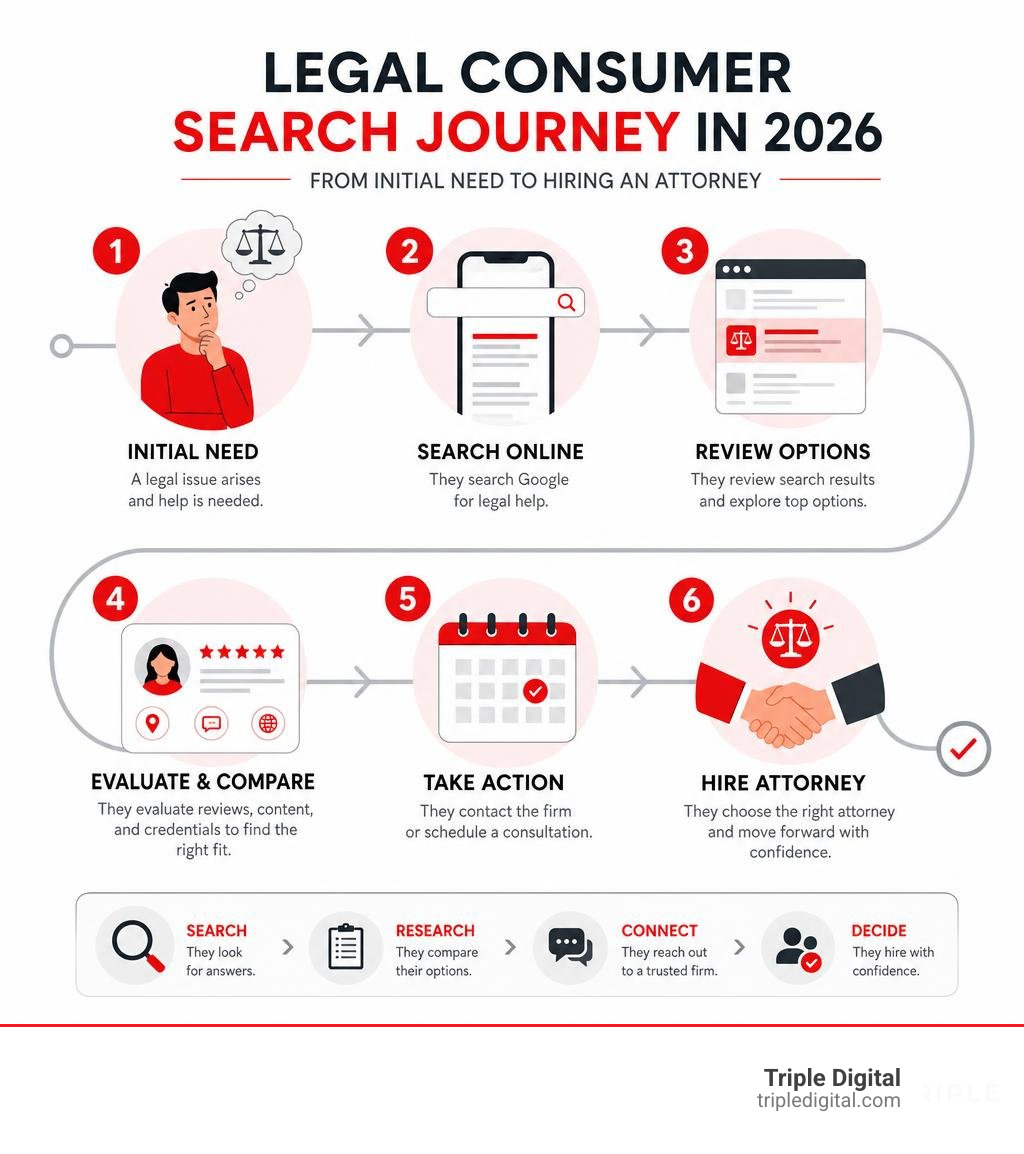 Legal consumer search journey in 2026 from initial need to hiring an attorney infographic