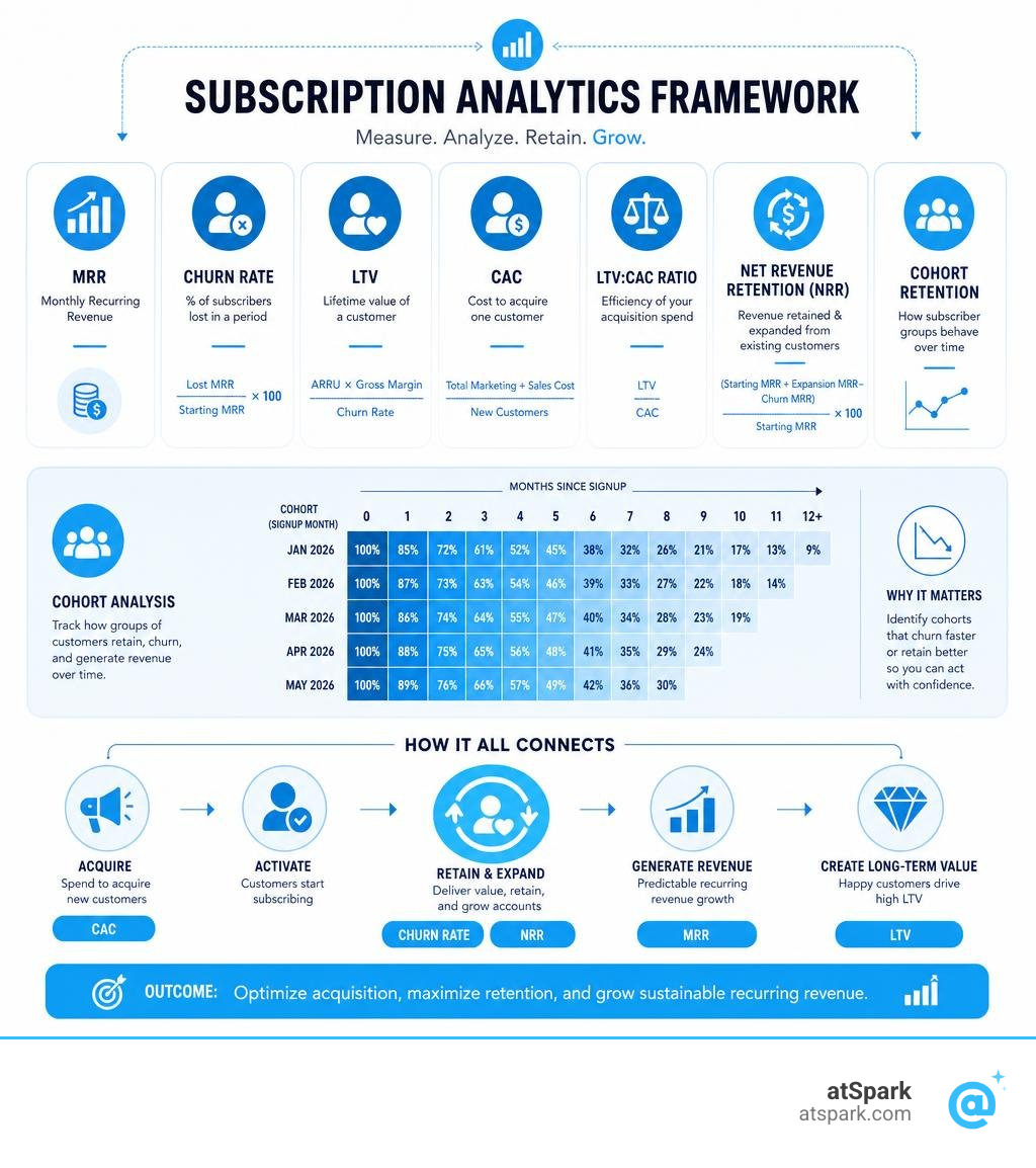 Subscription analytics framework: key metrics, cohort analysis, churn, LTV, MRR, CAC overview infographic Subscription analytics framework: key metrics, cohort analysis, churn, LTV, MRR, CAC overview infographic