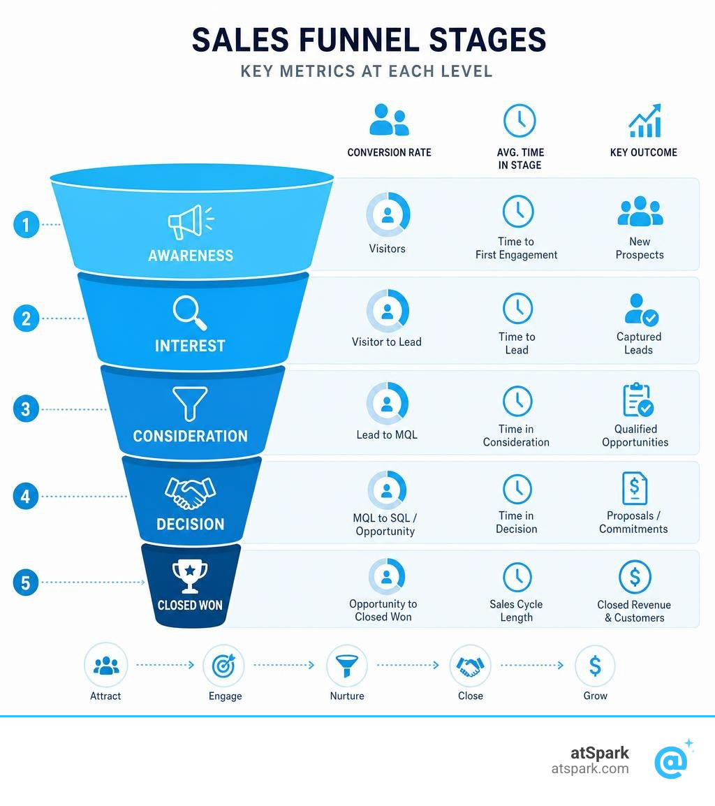 Sales funnel stages with key metrics at each level from awareness to closed won infographic