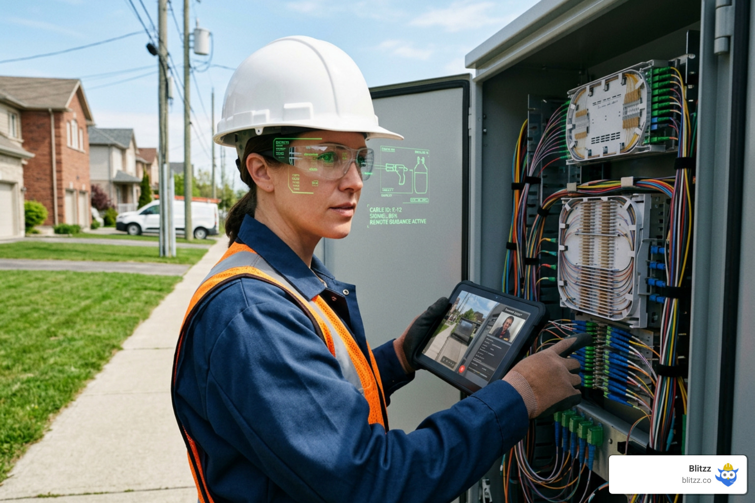 A field technician using smart glasses to receive real-time visual guidance from a remote expert A field technician using smart glasses to receive real-time visual guidance from a remote expert