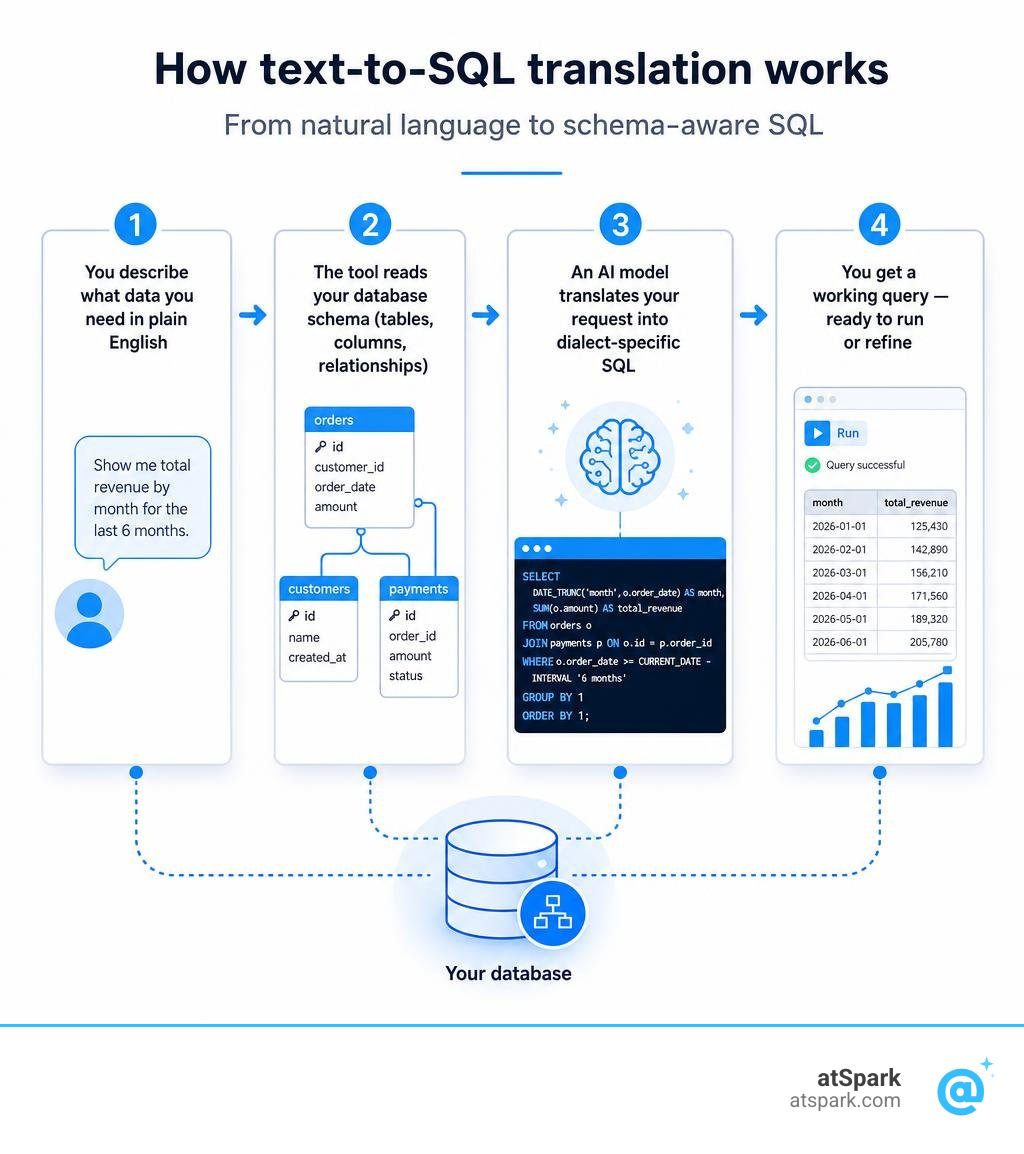 How text-to-SQL translation works: natural language input to schema-aware SQL output steps infographic