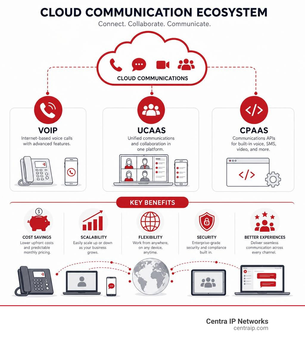 Cloud communication ecosystem infographic showing VoIP, UCaaS, CPaaS, and key benefits infographic Cloud communication ecosystem infographic showing VoIP, UCaaS, CPaaS, and key benefits infographic