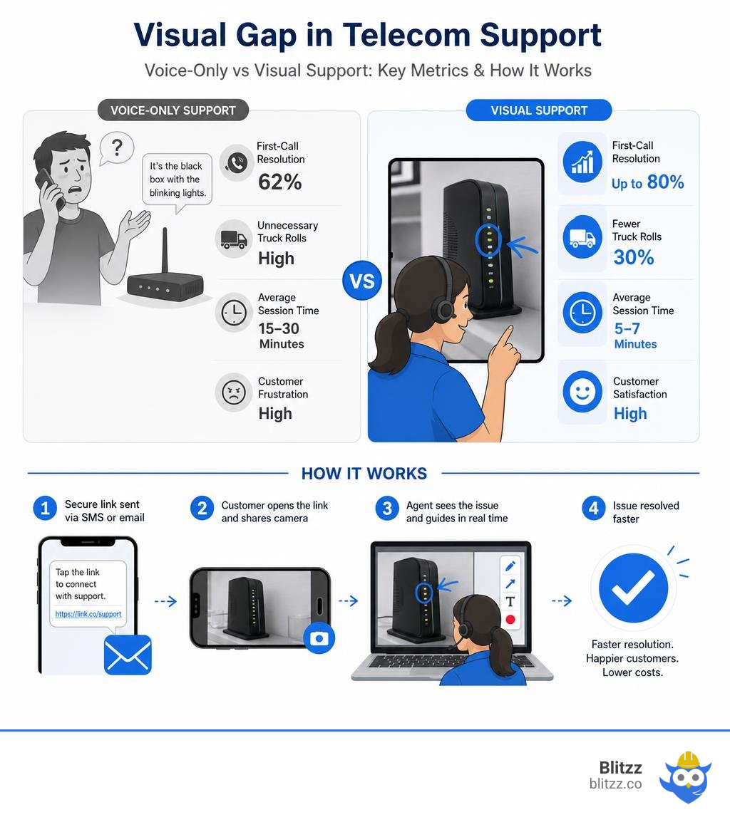 Visual gap in telecom support: voice-only vs visual support key metrics and how it works infographic Visual gap in telecom support: voice-only vs visual support key metrics and how it works infographic