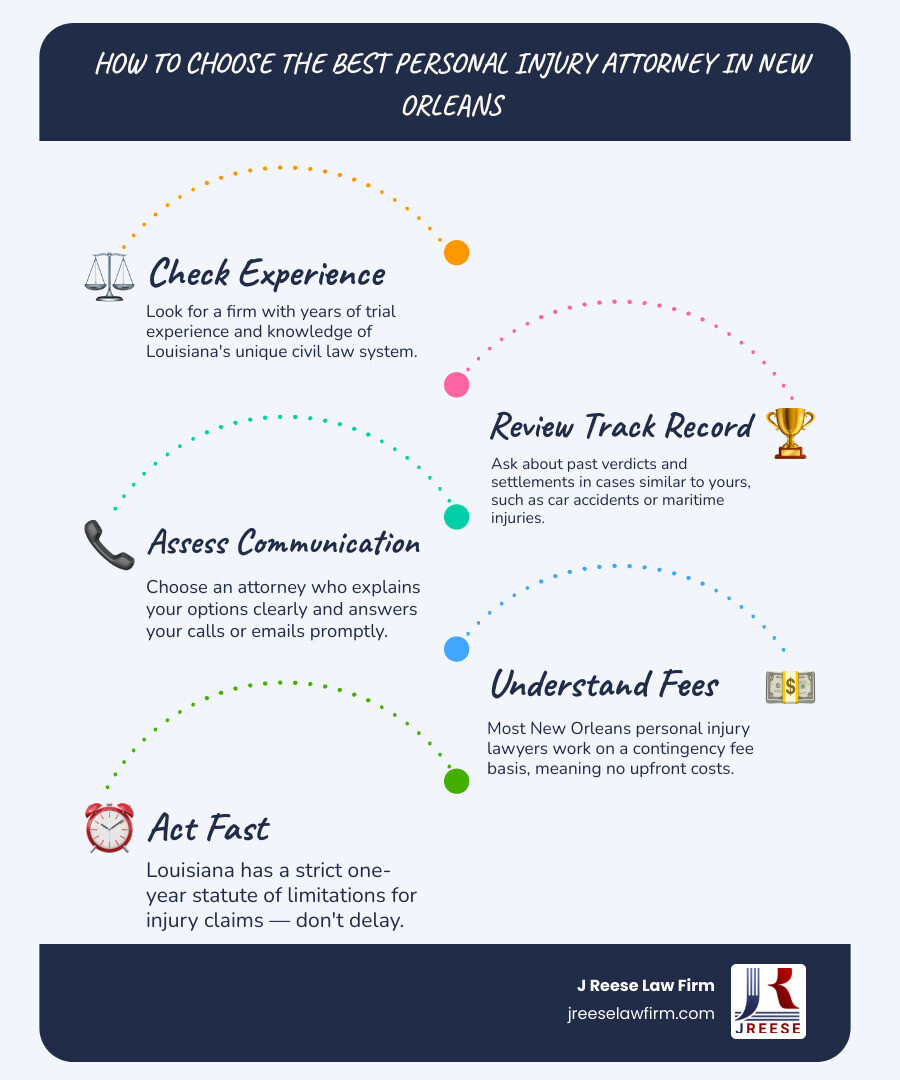 Timeline of a personal injury claim in New Orleans from accident to settlement infographic