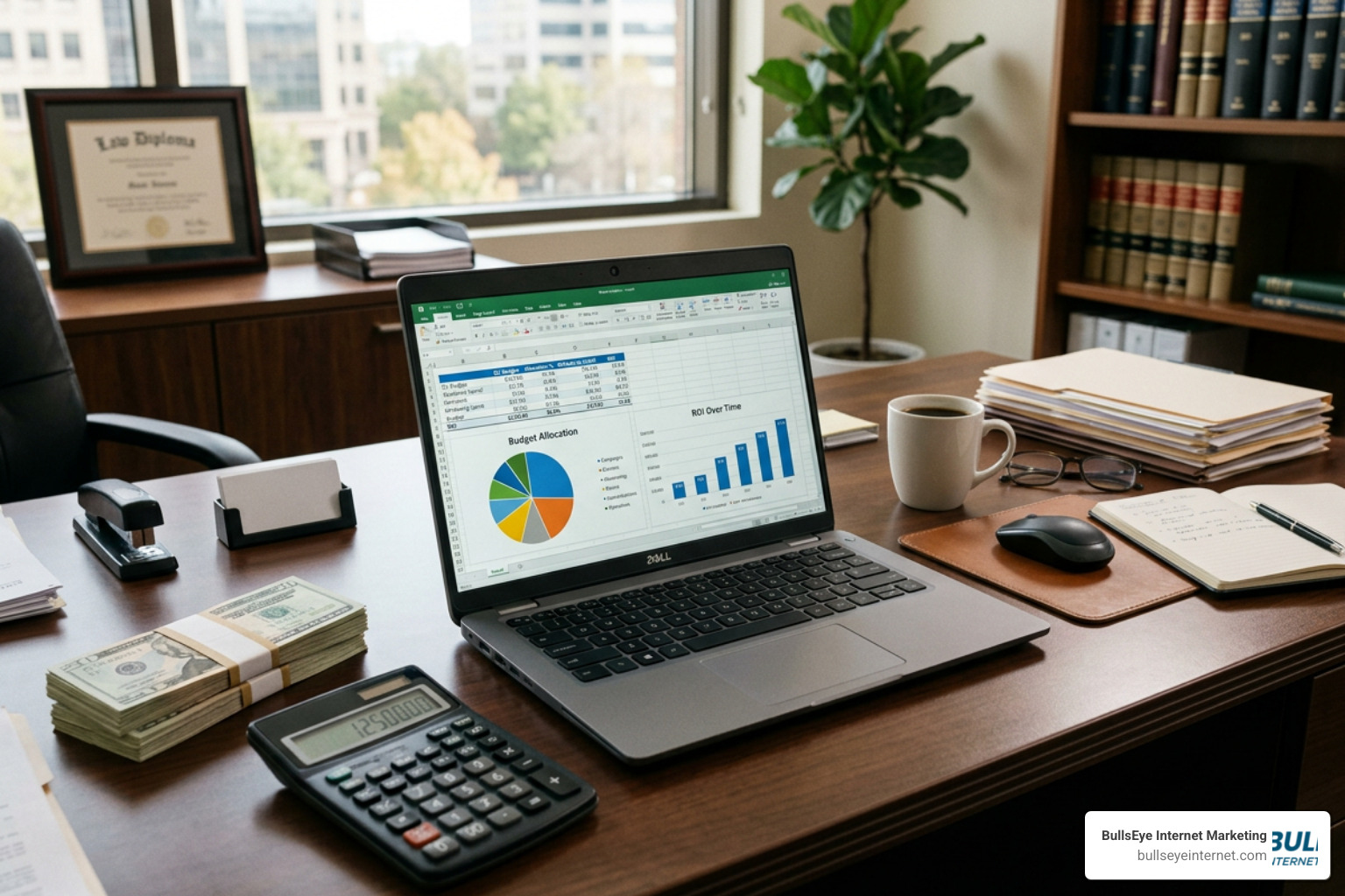 Law firm budget allocation spreadsheet on laptop illustrating ROI and marketing investment.
