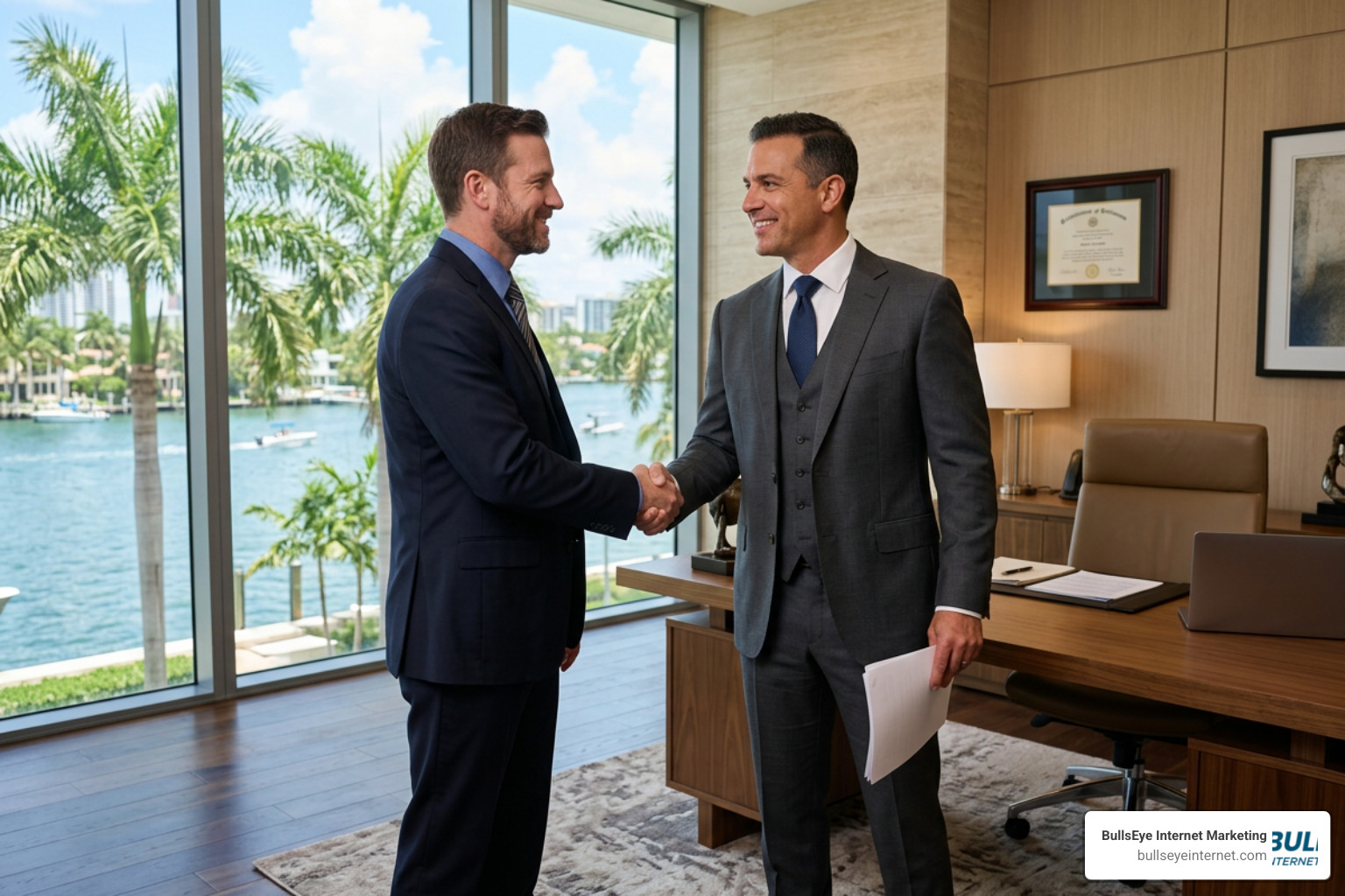 BullsEye Internet Marketing team members shaking hands with a client in a modern Florida office