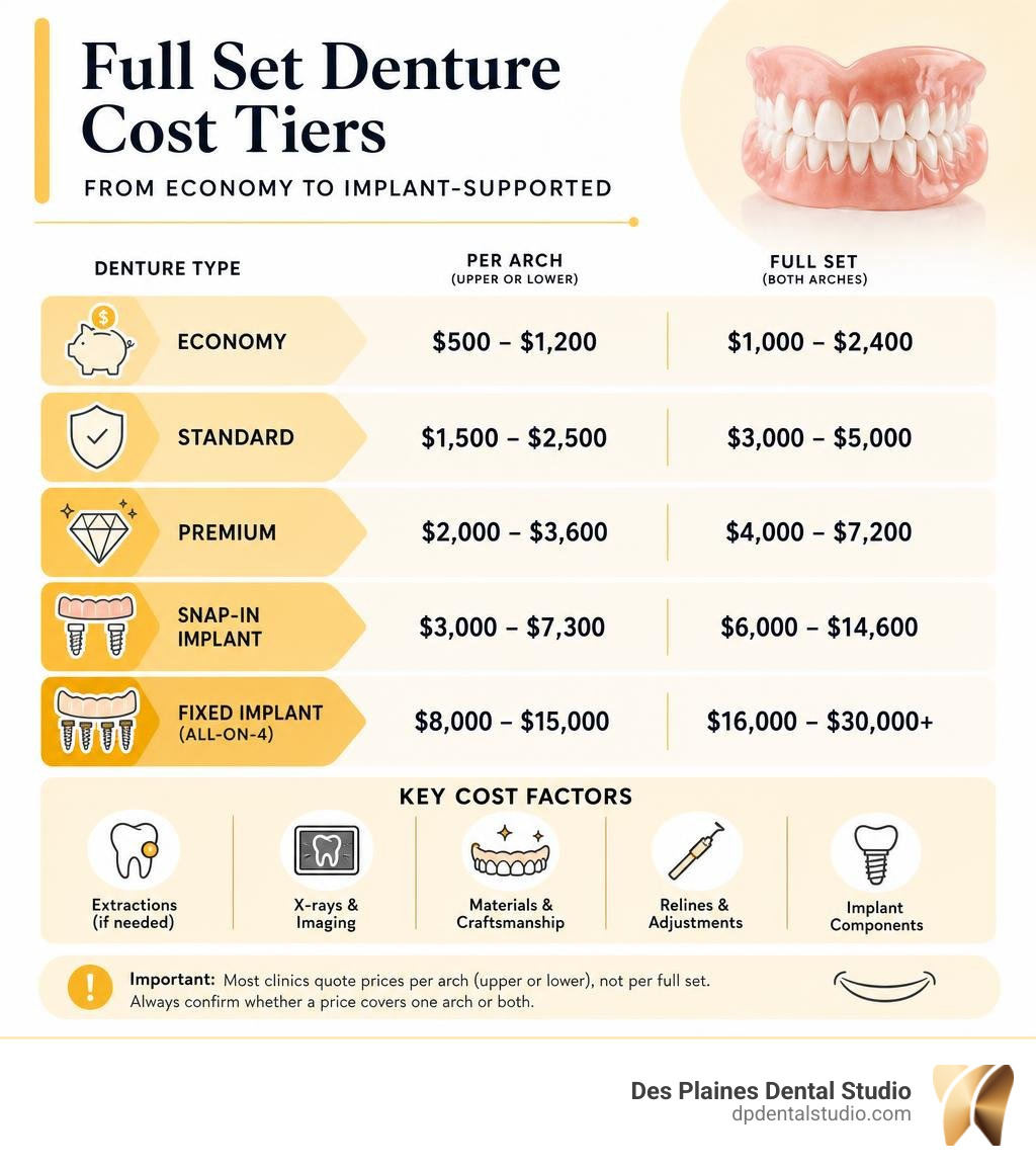 Infographic showing full set denture cost tiers from economy to implant-supported with price ranges and key cost factors Infographic showing full set denture cost tiers from economy to implant-supported with price ranges and key cost factors