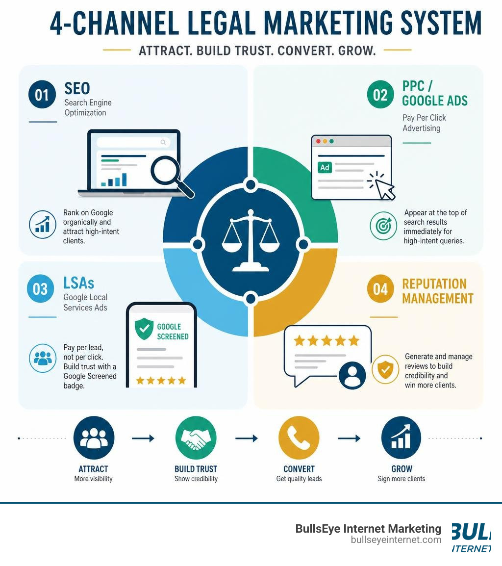 4-channel legal marketing system: SEO, PPC, Local Services Ads, and reputation management for law firms.