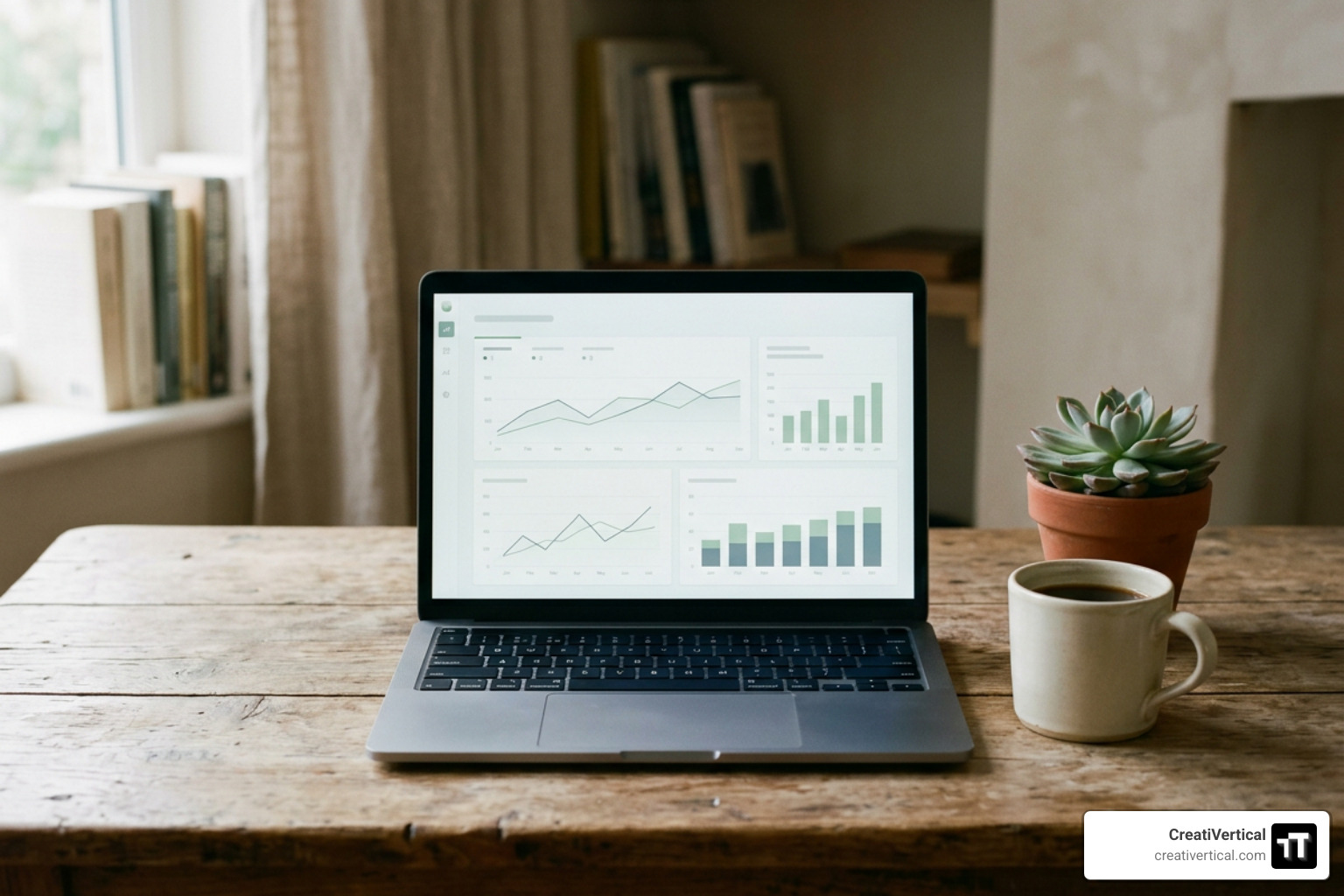 Streamlined digital growth dashboard on a rustic wooden desk