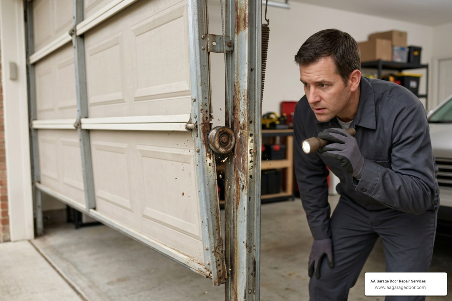 Noisy and shaking garage door showing mechanical wear Noisy and shaking garage door showing mechanical wear