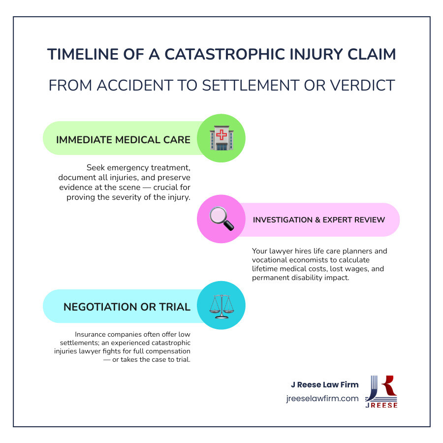 Timeline of a catastrophic injury claim from accident to settlement or verdict infographic Timeline of a catastrophic injury claim from accident to settlement or verdict infographic