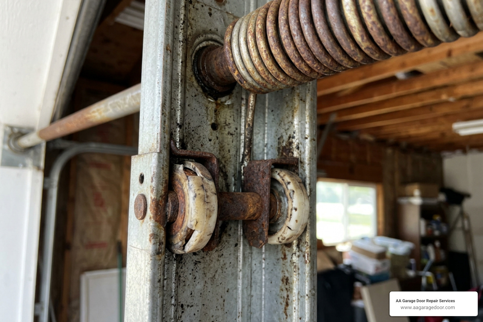 Worn out garage door rollers and rusted torsion spring Worn out garage door rollers and rusted torsion spring