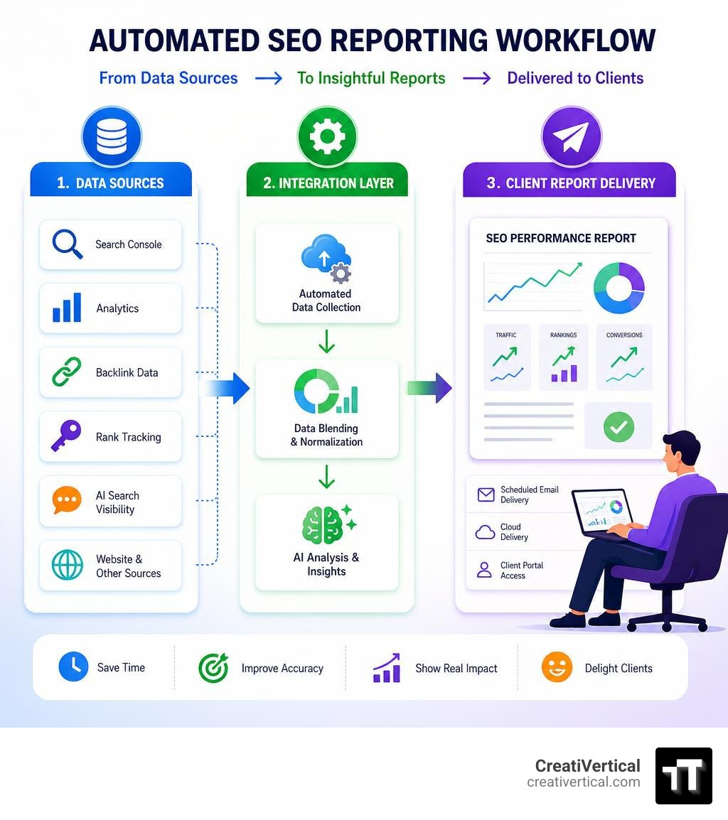 Automated SEO reporting workflow from data sources through integration layer to white-labeled client report delivery