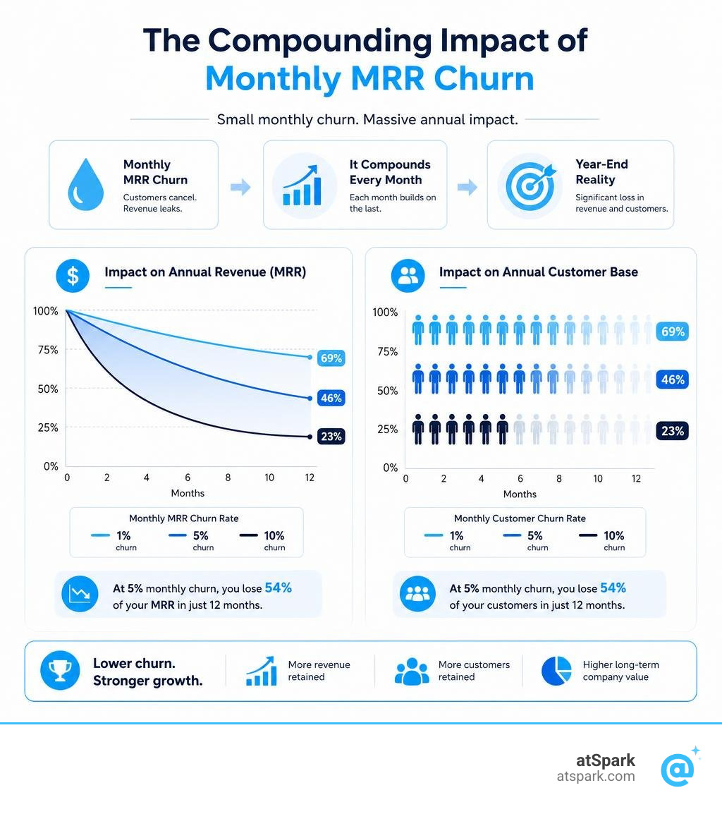 Compounding monthly MRR churn rate impact on annual revenue and customer base infographic
