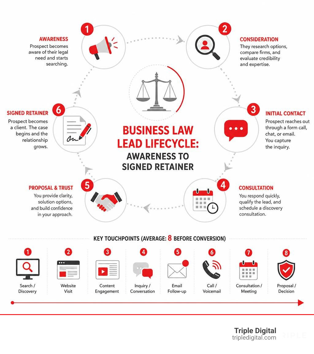 Business law lead lifecycle: awareness to signed retainer, showing key stages and touchpoints infographic Business law lead lifecycle: awareness to signed retainer, showing key stages and touchpoints infographic