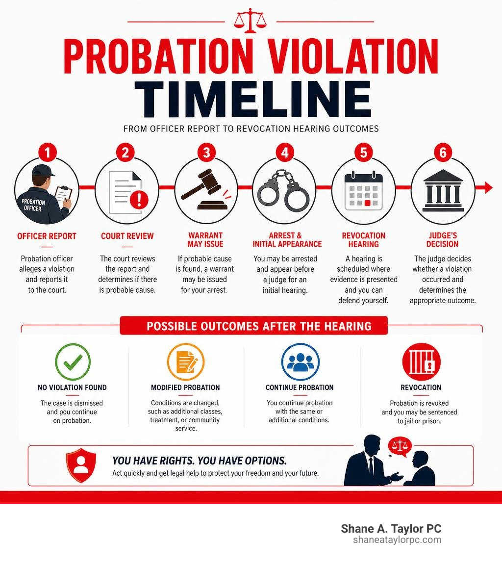 Probation violation timeline from officer report to revocation hearing outcomes infographic Probation violation timeline from officer report to revocation hearing outcomes infographic