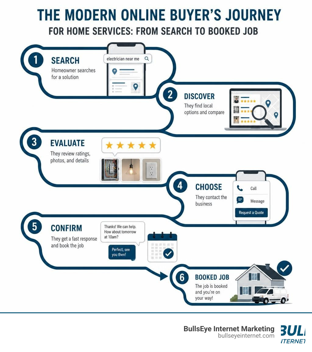 Infographic showing the modern online buyer's journey for home services from search to booked job infographic