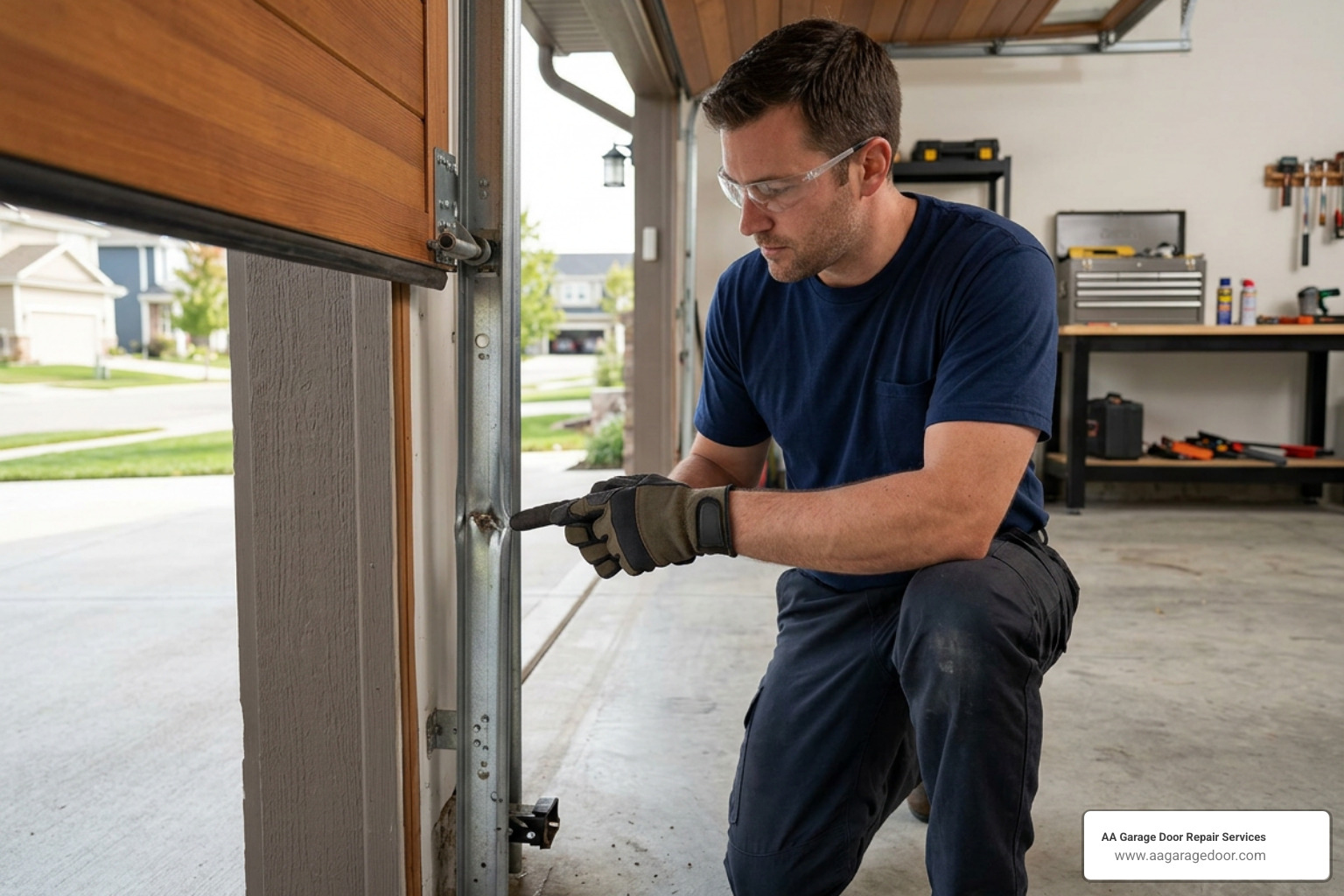 Homeowner inspecting garage door track for dents and debris